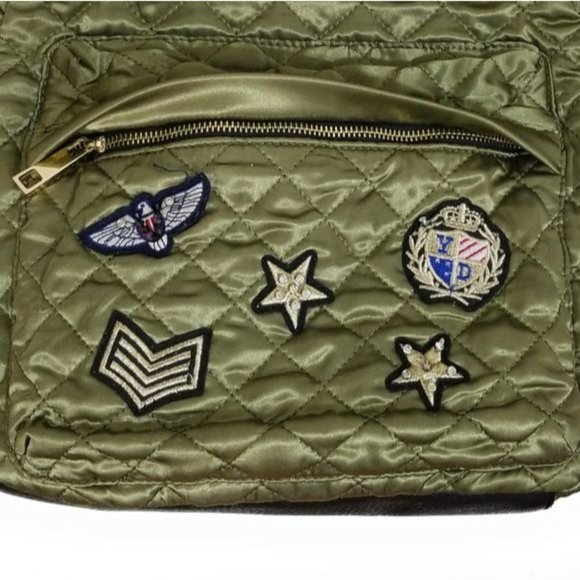 Aldo Womens Satin Quilted Backpack in Olive Army Green Patchwork Detail main image 12